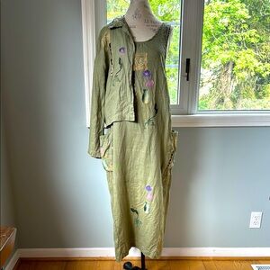 Vintage 80/90’s Play Alegre olive linen hand-painted maxi dress and Jacket M/Lg